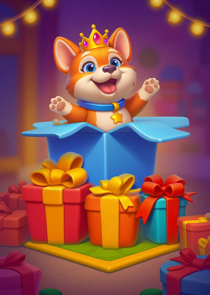 一只戴着金色皇冠、皇冠上有红色宝石的小狗，它毛色主要为橙白相