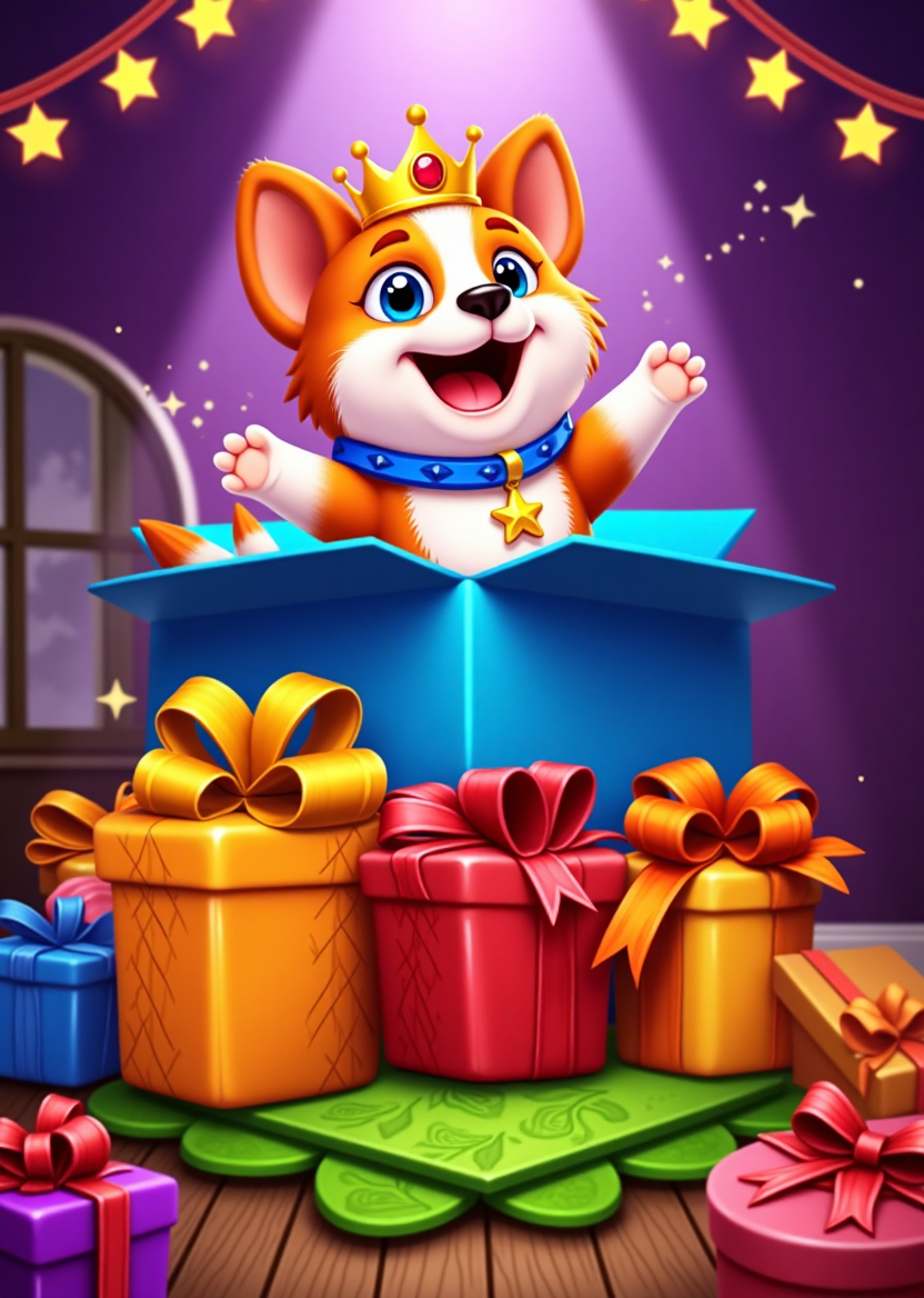 一只戴着金色皇冠、皇冠上有红色宝石的小狗，它毛色主要为橙白相