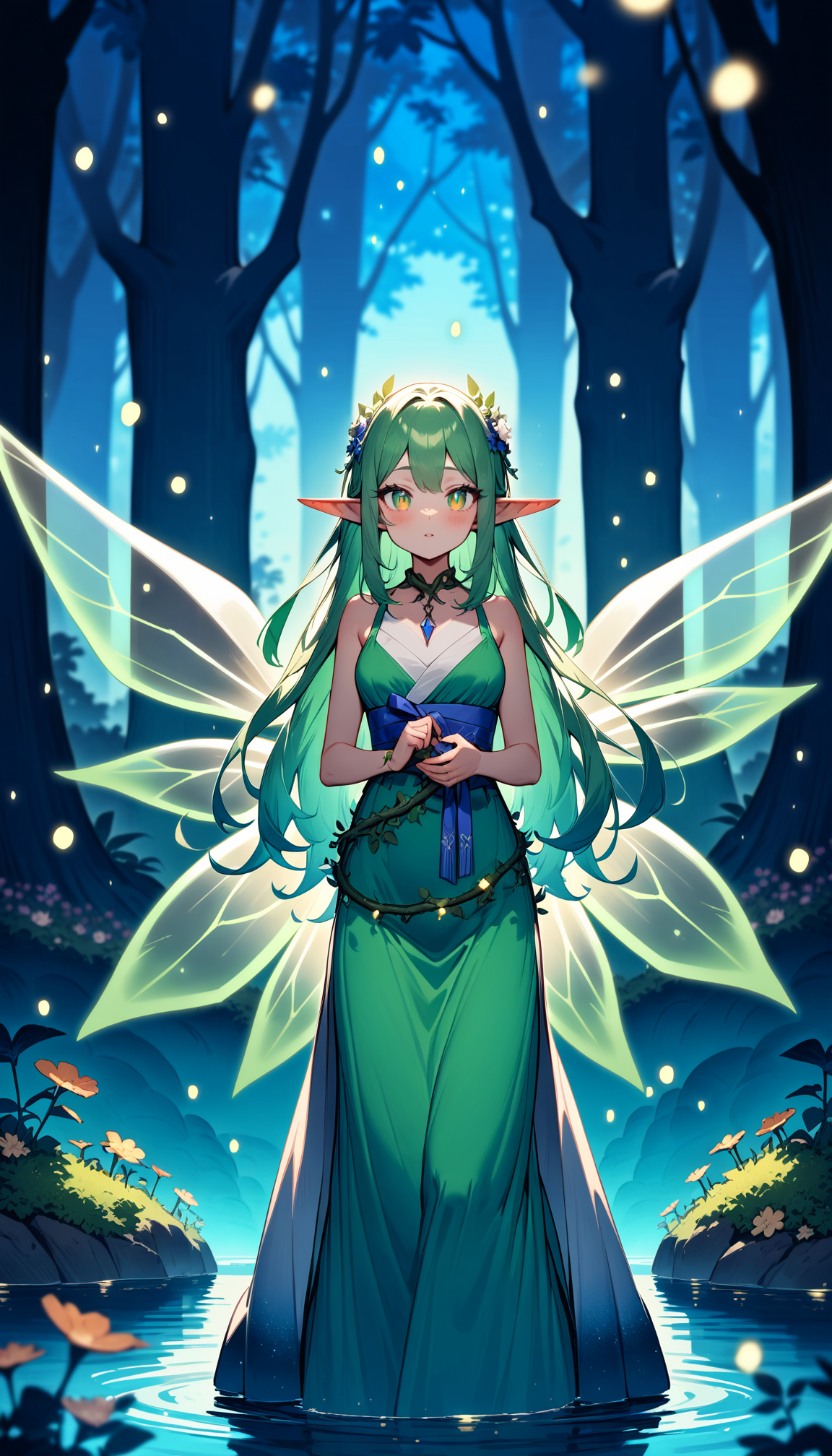 森林精灵少女，银绿色长发，琥珀色瞳孔，尖耳朵，半透明精灵羽翼